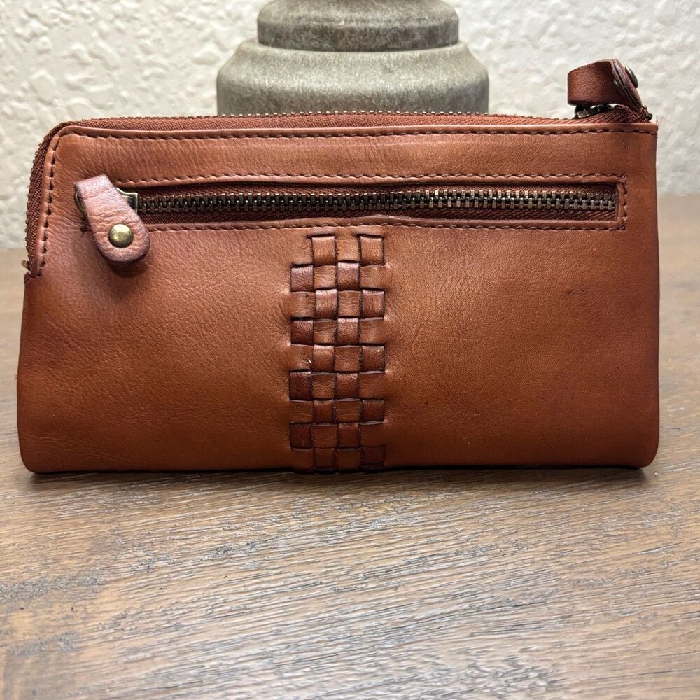 Great American Leatherworks Brown Woven Leather Bifold Wallet Cognac Brown Boho - Picture 2 of 8